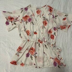 Sienna Sky- white and floral, wrap top, ties on side